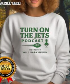 Awesome Turn On The Jets Podcast sweatshirt featuring bold logo and stylish design, perfect for fans and casual wear.