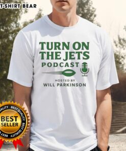 Awesome Turn On The Jets Podcast T-Shirt featuring a bold logo, perfect for fans of the Jets and podcast enthusiasts.