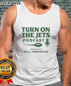 Awesome Turn On The Jets Podcast tank top featuring bold logo design, perfect for fans of sports and podcasts.