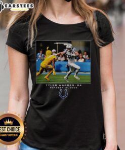 Awesome Tyler Warren Indianapolis Colts NFL Flash Features Week 7 Ladies Tee in vibrant blue with team logo and stylish design.