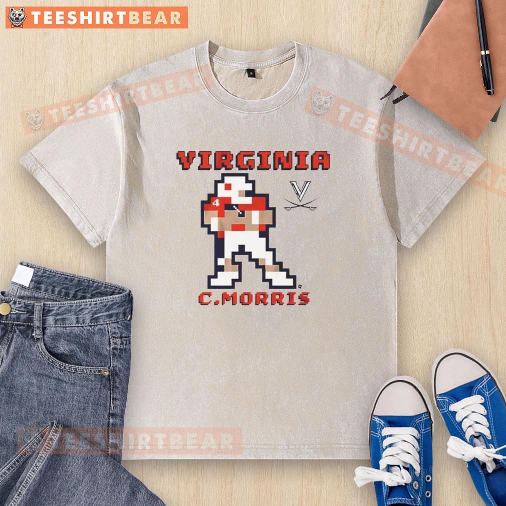 Awesome Virginia Cavaliers Football Chandler Morris Retro Baller Pixel Washed T-Shirt Chandler Morris wearing an Awesome Virginia Cavaliers Football retro pixel washed t-shirt in vibrant team colors.