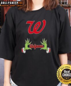 Awesome Walgreens X Grinch Hands Merry Christmas Ladies Tee featuring festive design and vibrant colors for holiday celebrations.