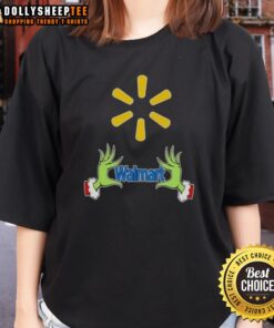 Awesome Walmart X Grinch Hands Merry Christmas Ladies Tee featuring festive Grinch design for holiday celebrations.