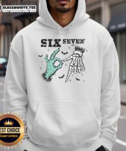 Cute Halloween hoodie featuring a meme witch skeleton with hands, perfect for spooky season style.