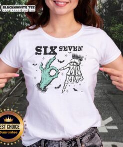 Adorable Halloween ladies tee featuring a cute meme witch skeleton with hands, perfect for festive celebrations.