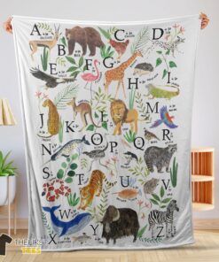 Cute Animal Alphabet A To Z Watercolor Wildlife Blanket Fleece Customized Blanket