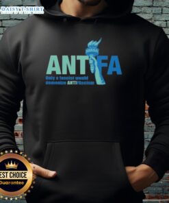 Alt Text: Cute Antifa hoodie design featuring the phrase Only a Fascist Would Demonize Anti-Fascism in bold lettering.