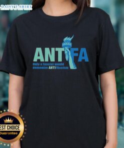 Cute Antifa ladies tee featuring the phrase 'Only a Fascist Would Demonize Anti-Fascism' in bold graphic design.