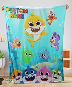 Cute Baby Shark & Friends Poster Rainbow Text Blanket Fleece Customized Blanket