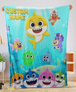 Cute Baby Shark & Friends Poster Yellow Text Blanket Fleece Customized Blanket