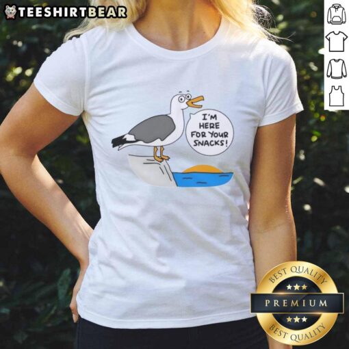 Cute beach-themed ladies tee with 'I'm Here For Your Snacks' slogan, perfect for summer outings and beach fun.