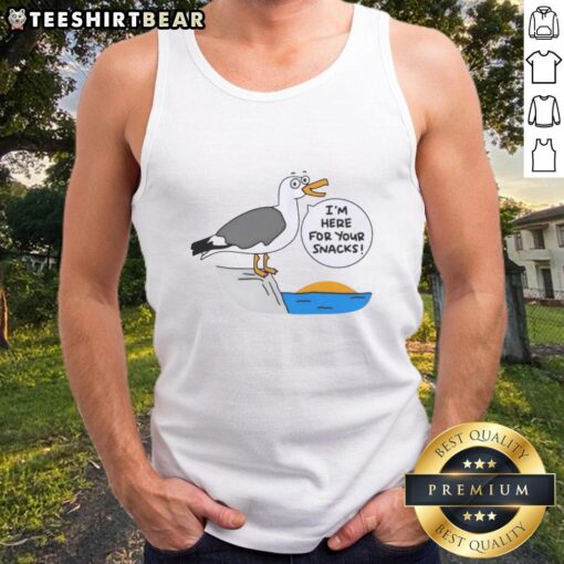 Cute Beach I'm Here for Your Snacks tank top worn by a smiling woman on a sunny beach day.