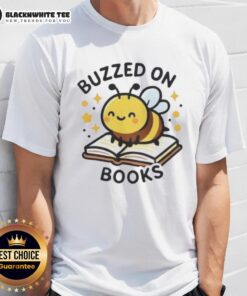 Alt Text: Cute bee buzzing on a stack of books featured on a stylish T-shirt, perfect for book lovers and bee enthusiasts.
