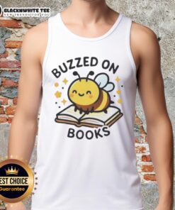 Cute bee buzzed on books design featured on a stylish tank top, perfect for book lovers and bee enthusiasts.