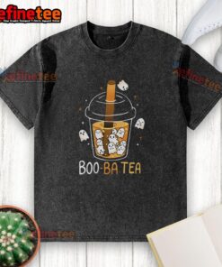 Alt Text: Cute Boo Ba Tea Halloween ghost boba tea graphic on a washed t-shirt, perfect for spooky season and tea lovers.