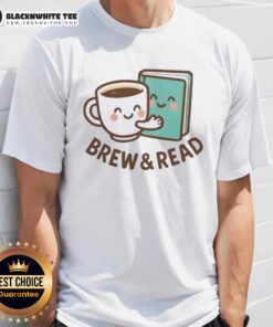 Alt Text: Cute Brew And Read Book T-Shirt featuring a whimsical design for book lovers and coffee enthusiasts.