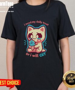 Cute cat with a playful expression, demanding daily treats on a fun ladies tee design.