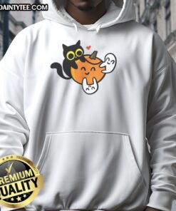 Cute cat in a pumpkin-themed hoodie surrounded by playful ghosts, perfect for Halloween spirit and cozy vibes.