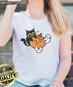 Cute cat with pumpkins and ghosts on a ladies tee, perfect for Halloween celebrations and cat lovers.