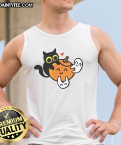 Adorable cat with pumpkins and ghosts on a tank top, perfect for Halloween festivities and cat lovers.