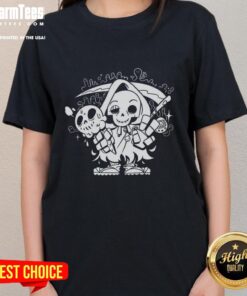 Alt Text: Cute Chill Reaper Ladies Tee featuring a playful grim reaper design, perfect for casual and spooky style.