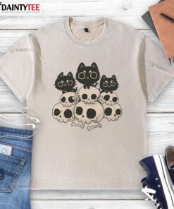 Alt Text: Cute Death Gang Cat Skulls washed T-shirt featuring playful skull designs, perfect for cat lovers and trendy fashion.