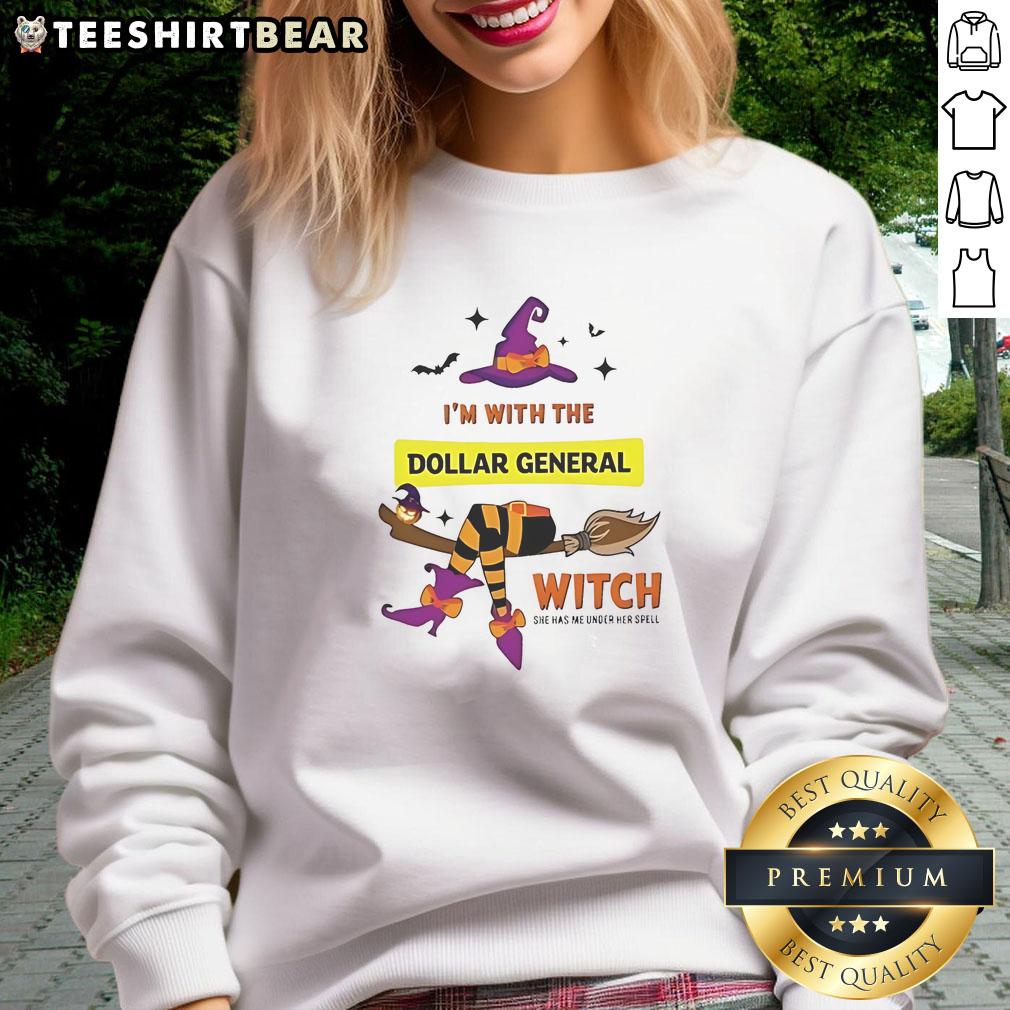 Cute Dollar General I'm With The Witch She Has Me Under Her Spell Halloween Sweatshirt Alt Text: Cute Halloween sweatshirt from Dollar General featuring 'I'm With The Witch, She Has Me Under Her Spell' design.