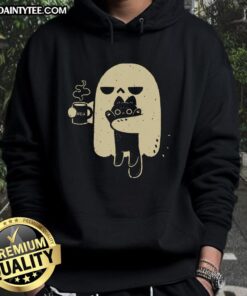 Cute ghost holding a cat in a cozy hoodie, perfect for Halloween and pet lovers. Adorable spooky style!