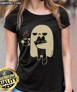 Cute ghost holding a cat on a ladies tee, perfect for Halloween or casual wear. Fun and whimsical design.