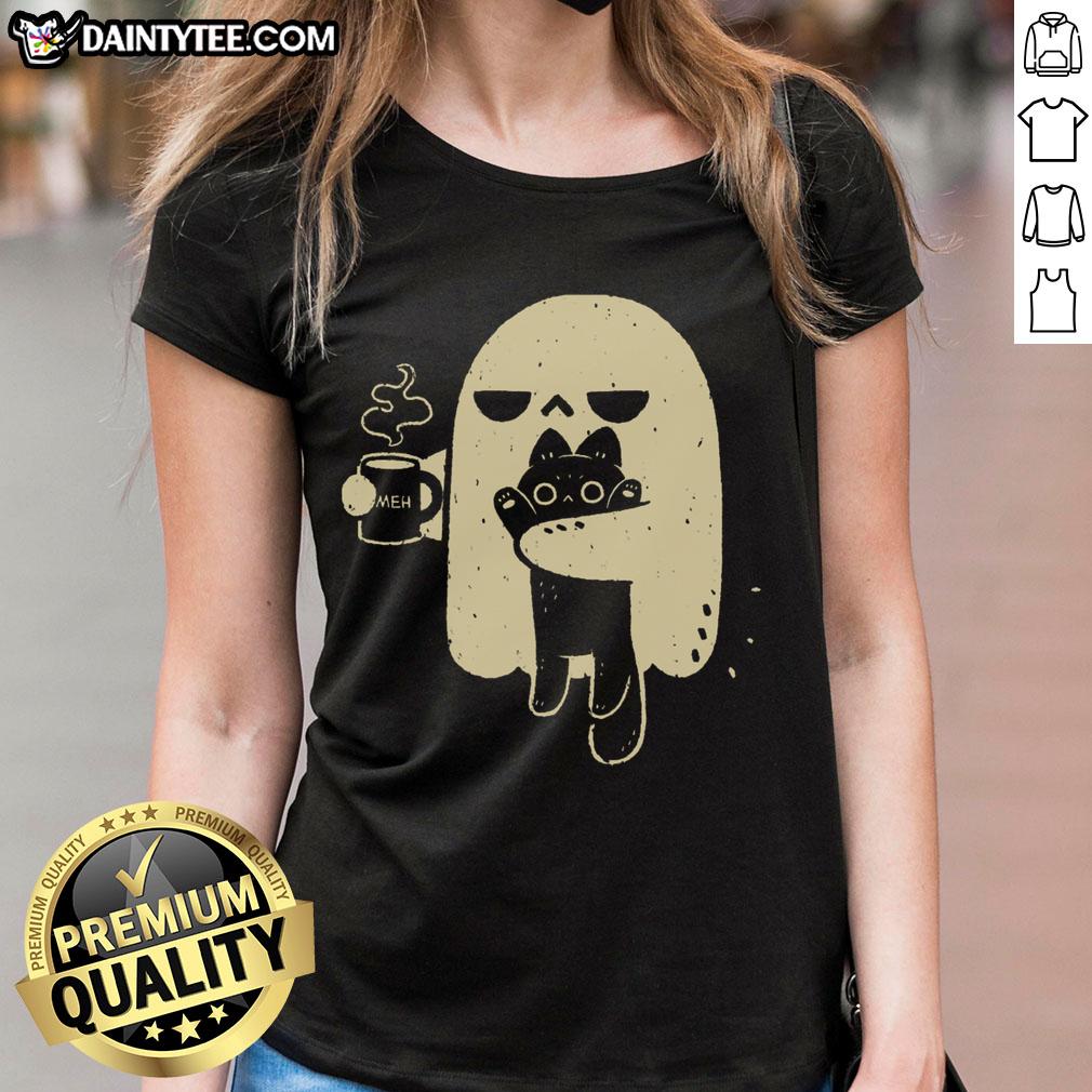 cute-ghost-holding-cat-ladies-tee Cute ghost holding a cat on a ladies tee, perfect for Halloween or casual wear. Fun and whimsical design.