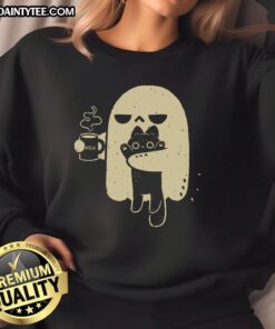 Cute ghost holding a cat on a cozy sweatshirt, perfect for Halloween and pet lovers.