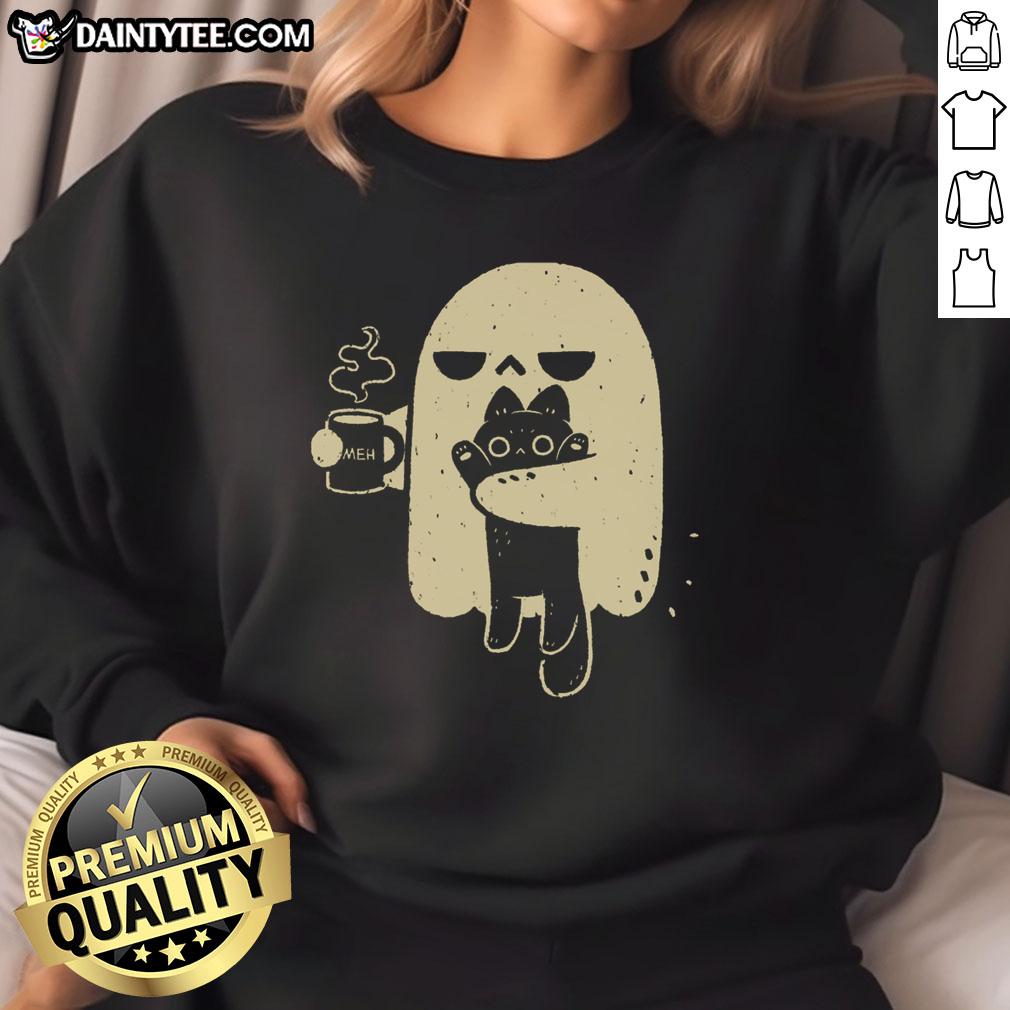 cute-ghost-holding-cat-sweatshirt Cute ghost holding a cat on a cozy sweatshirt, perfect for Halloween and pet lovers.
