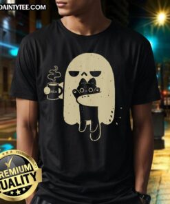Cute ghost holding a cat graphic on a fun t-shirt, perfect for Halloween and cat lovers.