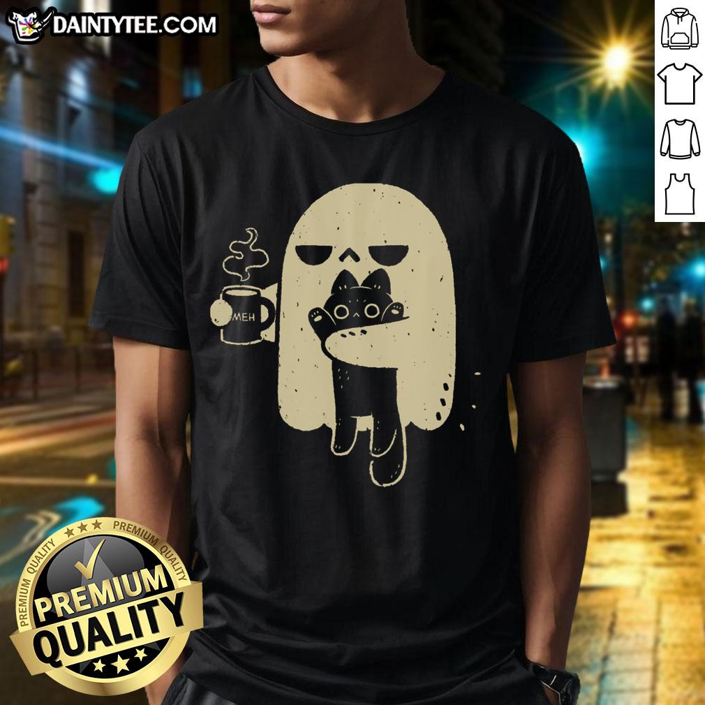 cute-ghost-holding-cat-t-shirt-3 Cute ghost holding a cat graphic on a fun t-shirt, perfect for Halloween and cat lovers.