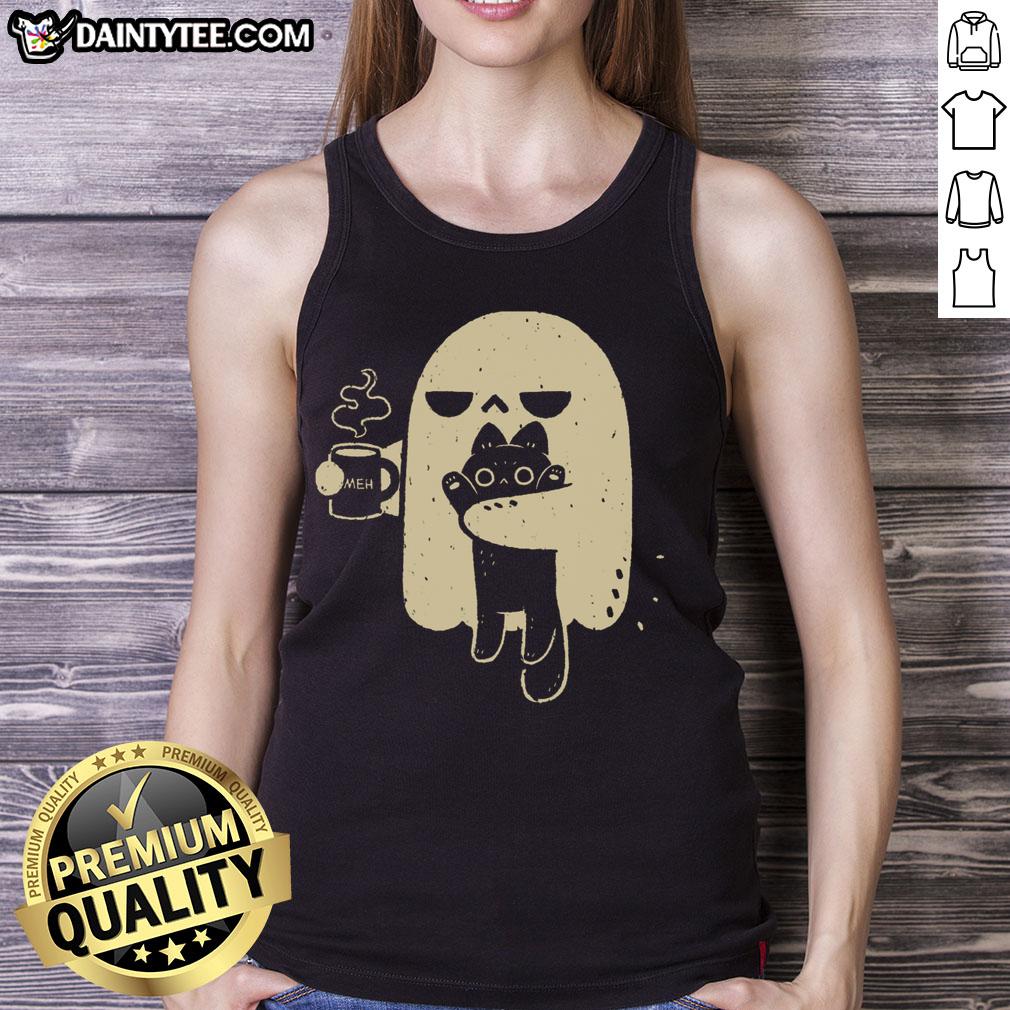 cute-ghost-holding-cat-tank-top Cute ghost holding a cat tank top design, perfect for Halloween or casual wear lovers.