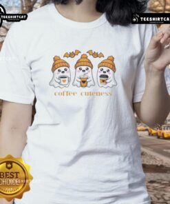 Alt Text: Cute ghosts design on a spooky coffee-themed Halloween ladies tee, perfect for festive fall gatherings.