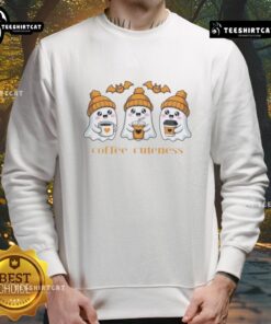 Alt Text: Cute ghosts on a spooky coffee-themed Halloween sweatshirt, perfect for festive fall fashion and Halloween spirit.