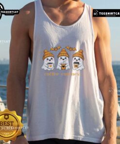 Alt Text: Cute ghosts design on a spooky Halloween tank top, perfect for festive coffee lovers and Halloween enthusiasts.