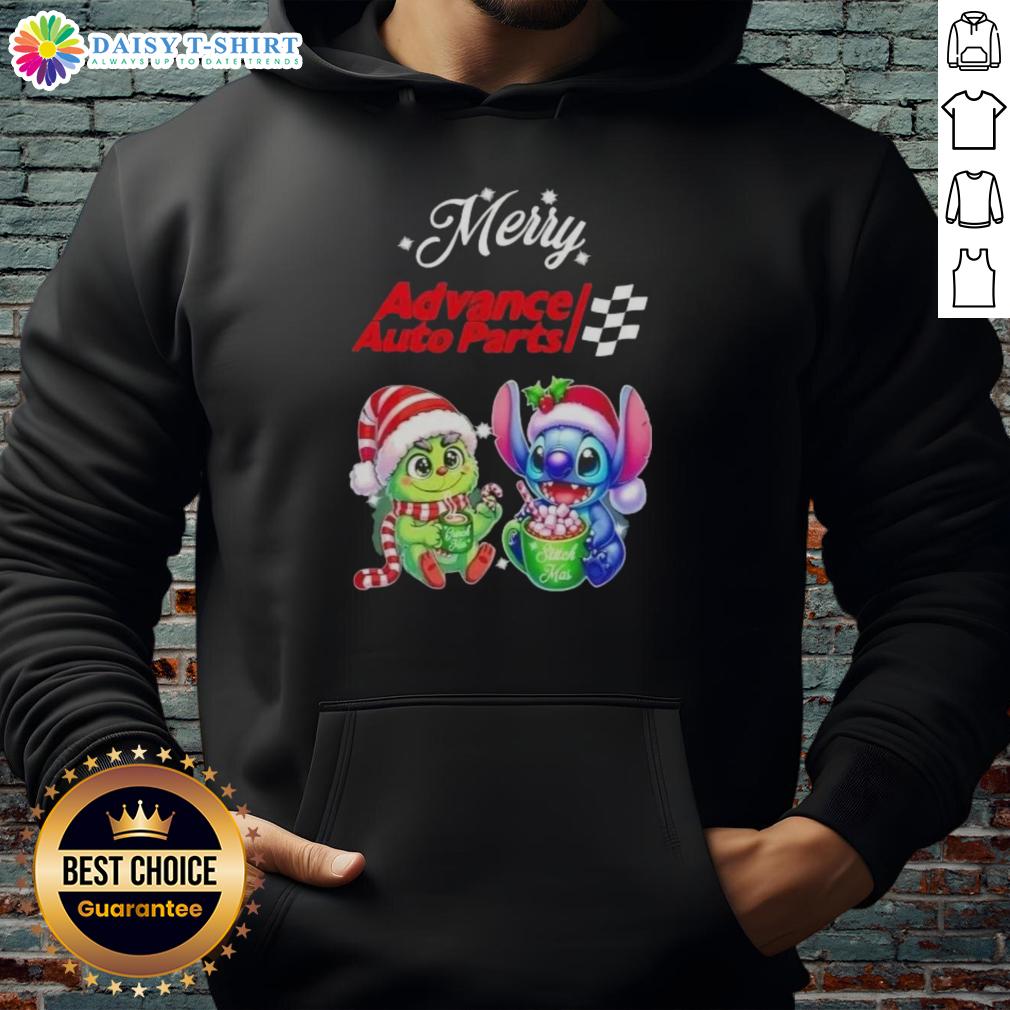 Cute Grinch And Stitch X Advance Auto Parts Merry Christmas Hoodie Alt Text: Cute Grinch and Stitch Christmas hoodie from Advance Auto Parts, perfect for festive holiday cheer.