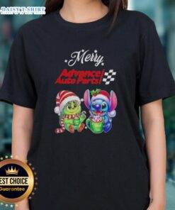 Alt Text: Cute Grinch and Stitch graphic on a Merry Christmas ladies tee from Advance Auto Parts, perfect holiday apparel.