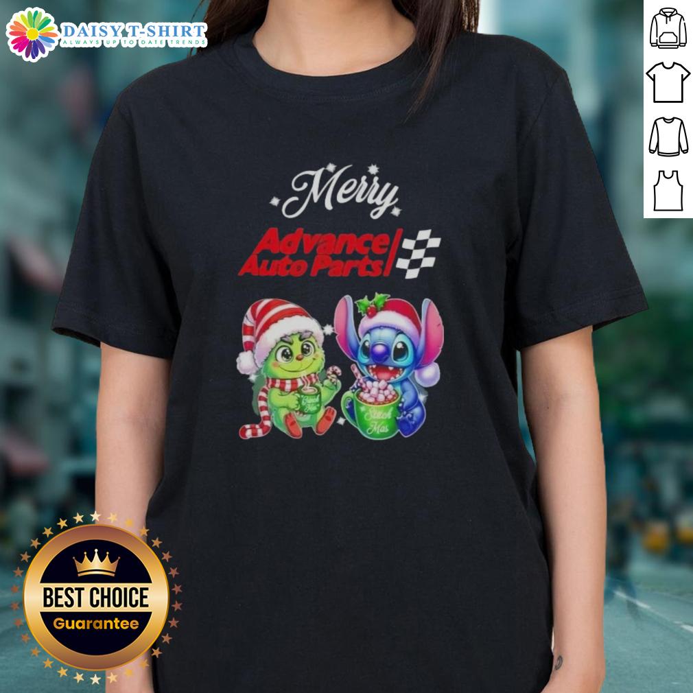 Cute Grinch And Stitch X Advance Auto Parts Merry Christmas Ladies Tee Alt Text: Cute Grinch and Stitch graphic on a Merry Christmas ladies tee from Advance Auto Parts, perfect holiday apparel.