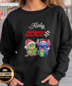 Cute Grinch and Stitch design on Merry Christmas sweatshirt from Advance Auto Parts, perfect for festive wear.