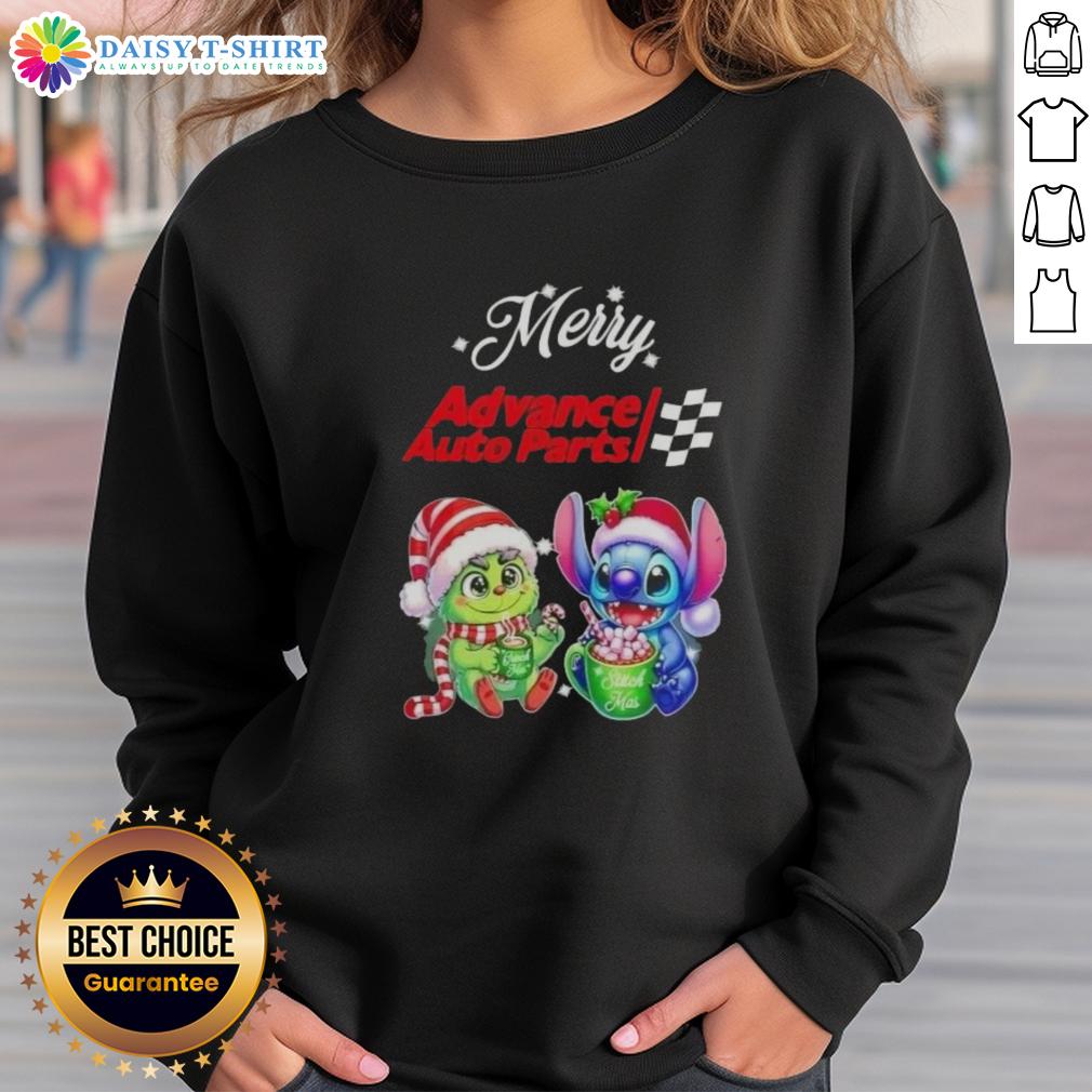 Cute Grinch And Stitch X Advance Auto Parts Merry Christmas Sweatshirt Cute Grinch and Stitch design on Merry Christmas sweatshirt from Advance Auto Parts, perfect for festive wear.