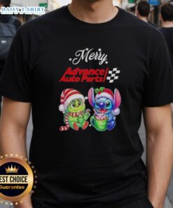 Alt Text: Cute Grinch and Stitch Christmas T-Shirt from Advance Auto Parts featuring festive designs for holiday cheer.