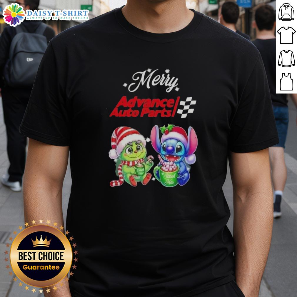 Cute Grinch And Stitch X Advance Auto Parts Merry Christmas T Shirt Alt Text: Cute Grinch and Stitch Christmas T-Shirt from Advance Auto Parts featuring festive designs for holiday cheer.