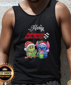 Alt Text: Cute Grinch and Stitch Christmas tank top from Advance Auto Parts, perfect for holiday festivities and celebrations.