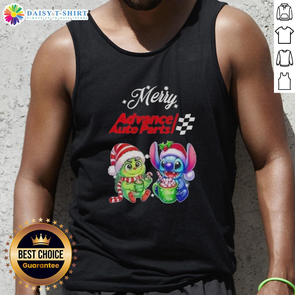 Cute Grinch And Stitch X Advance Auto Parts Merry Christmas Tank Top Alt Text: Cute Grinch and Stitch Christmas tank top from Advance Auto Parts, perfect for holiday festivities and celebrations.