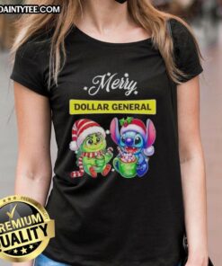 Alt Text: Cute Grinch and Stitch graphic on Merry Christmas ladies tee from Dollar General, perfect for festive holiday wear.