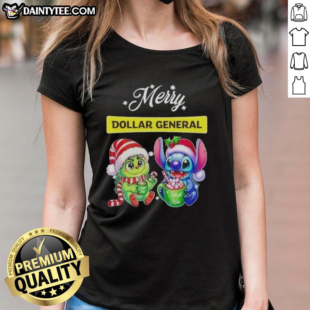 cute-grinch-and-stitch-x-dollar-general-merry-christmas-ladies-tee Alt Text: Cute Grinch and Stitch graphic on Merry Christmas ladies tee from Dollar General, perfect for festive holiday wear.