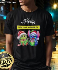 Alt Text: Cute Grinch and Stitch X Dollar General Merry Christmas T-Shirt featuring festive graphics and holiday cheer.